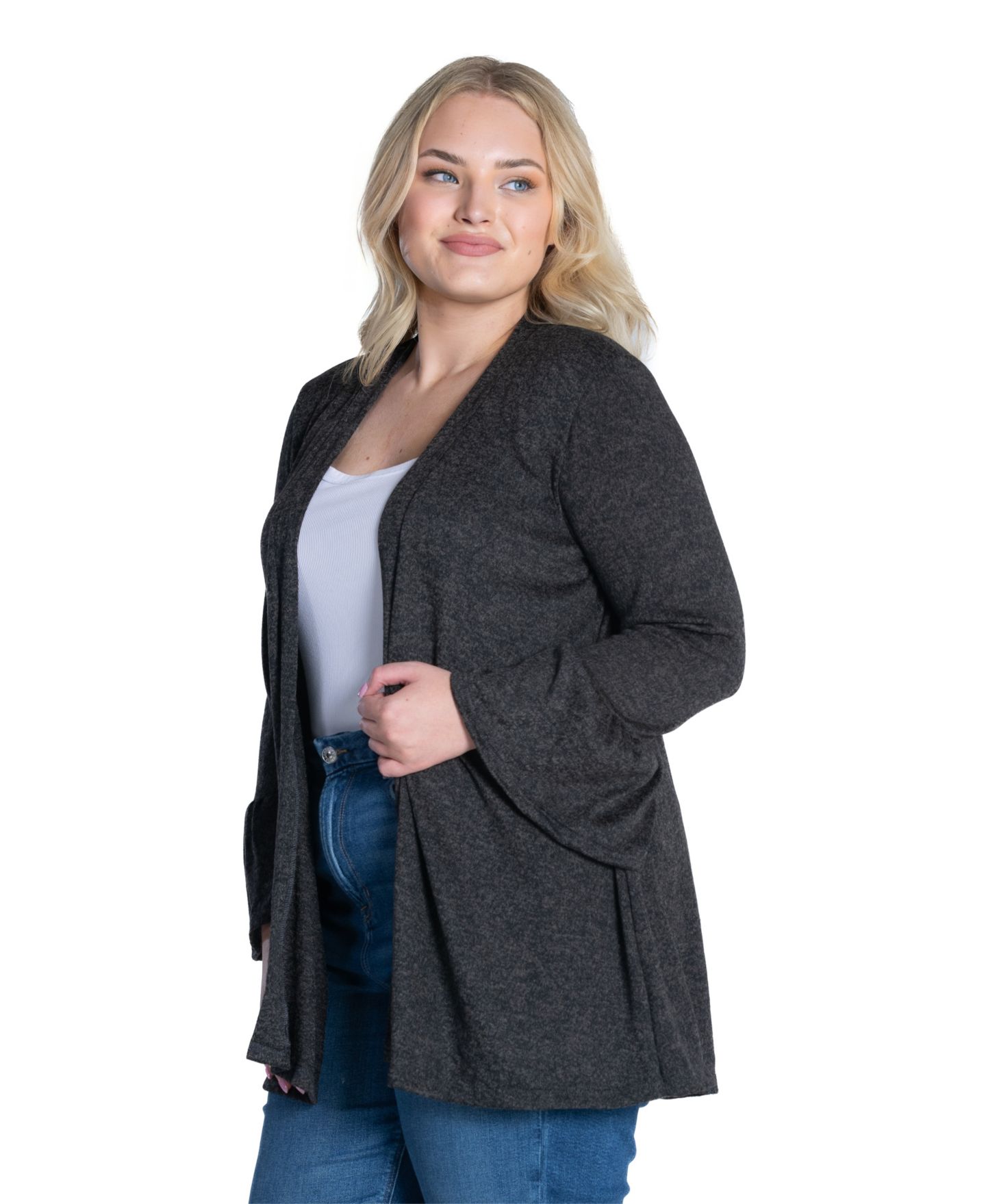 Женский кардиган 24seven Comfort Apparel Plus Size Bell Sleeve Open Front, цвет: Чёрный — фото 2