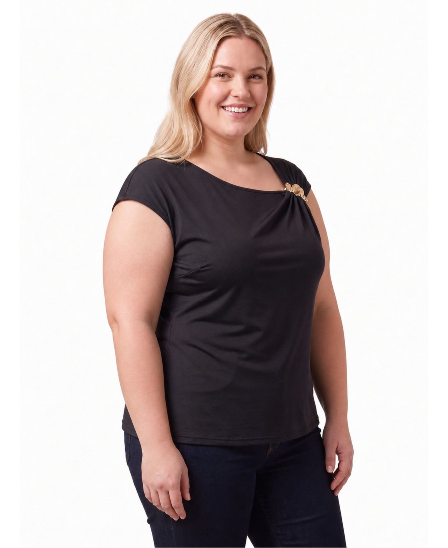 Женская блузка 24seven Comfort Apparel Plus Size Brooch Boatneck, цвет: Чёрный — фото 2