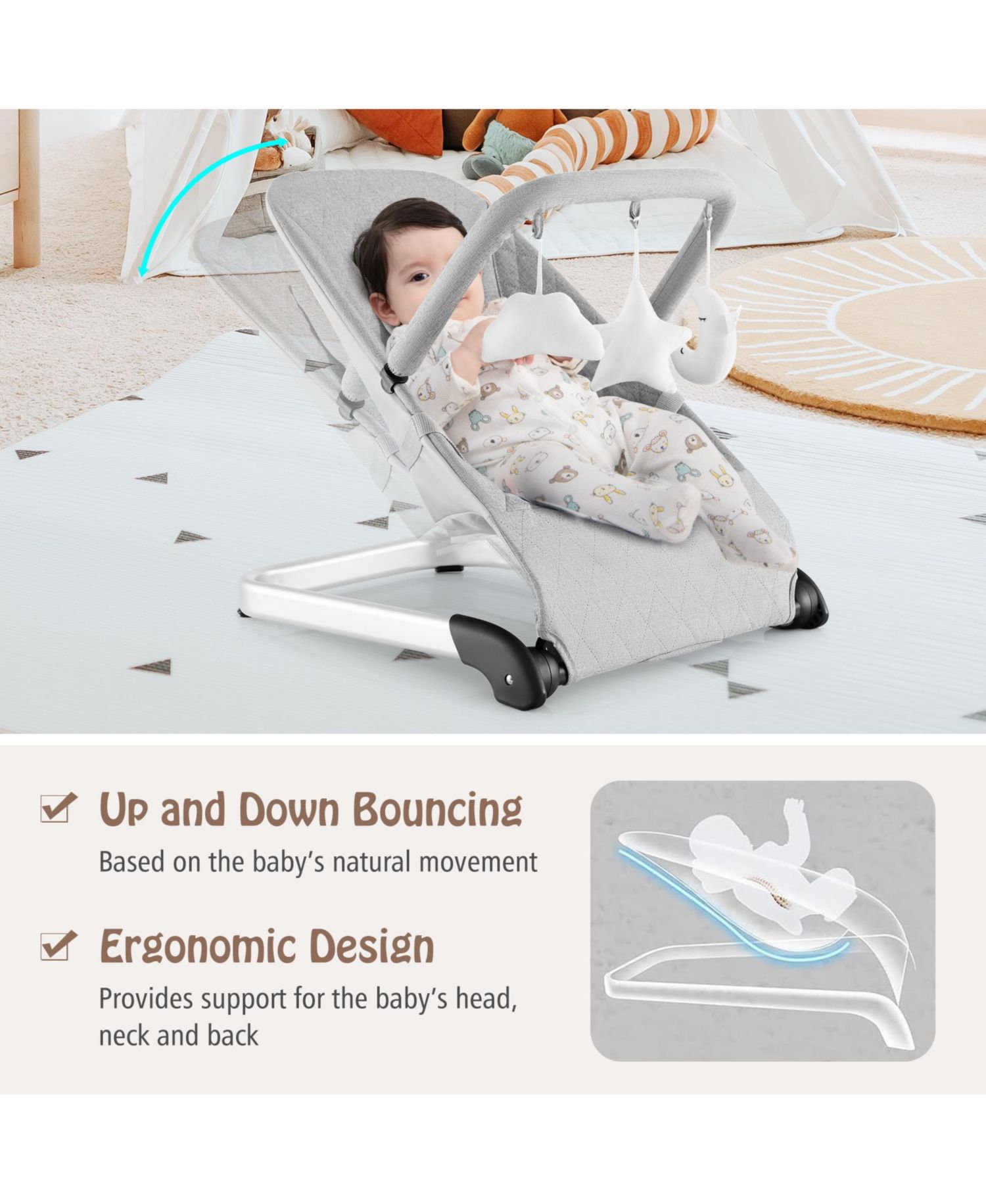 Foldable Infant Bouncer with Removable Fabric Cover and Activity Toy Bar-Grey
