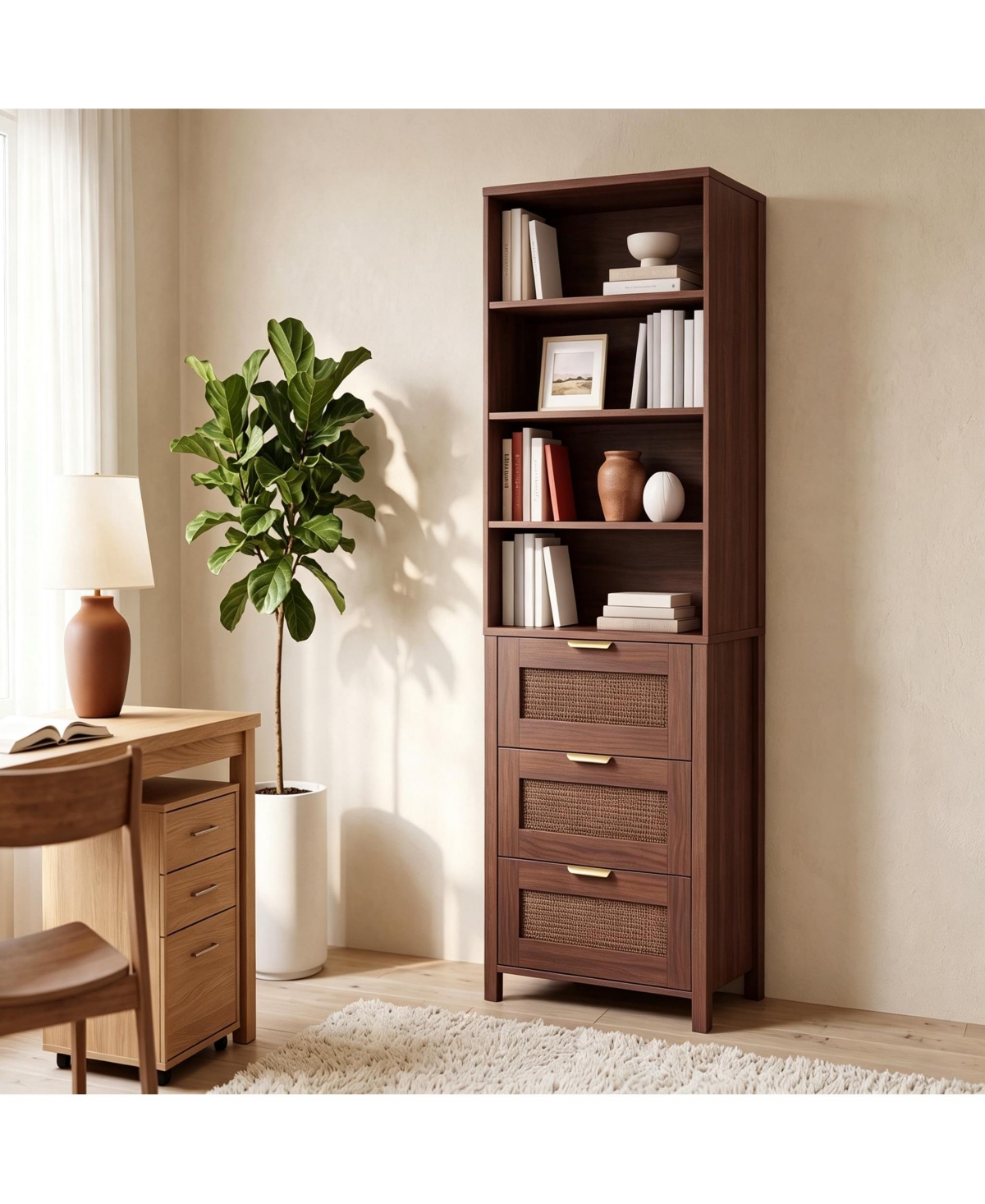 homfan Three Drawer Bookcase With Cabinet, Wooden Storage Unit, Freestanding Organizer Cabinet For Home, Bedroom, Living Room and Office