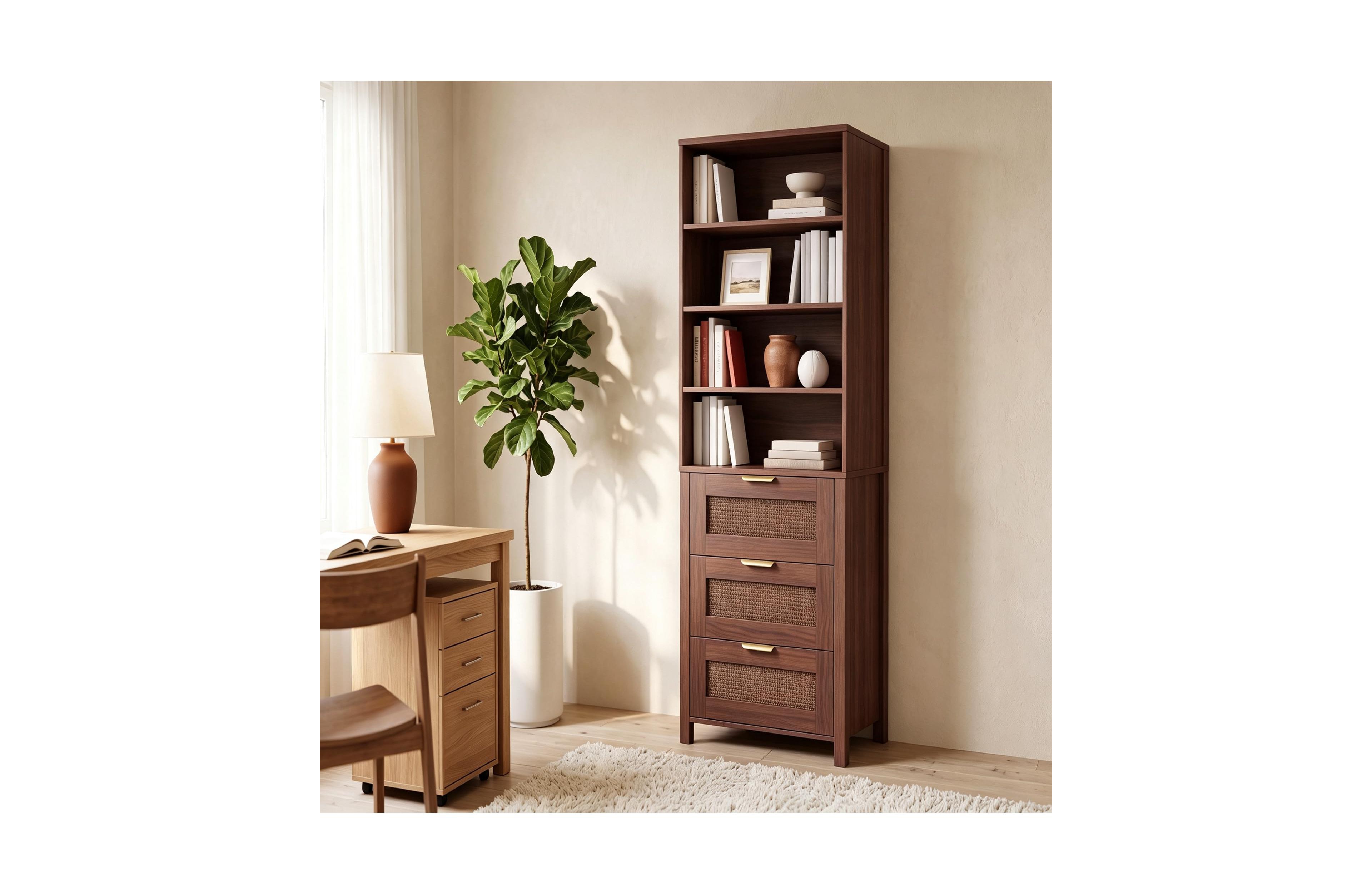homfan Three Drawer Bookcase With Cabinet, Wooden Storage Unit, Freestanding Organizer Cabinet For Home, Bedroom, Living Room and Office