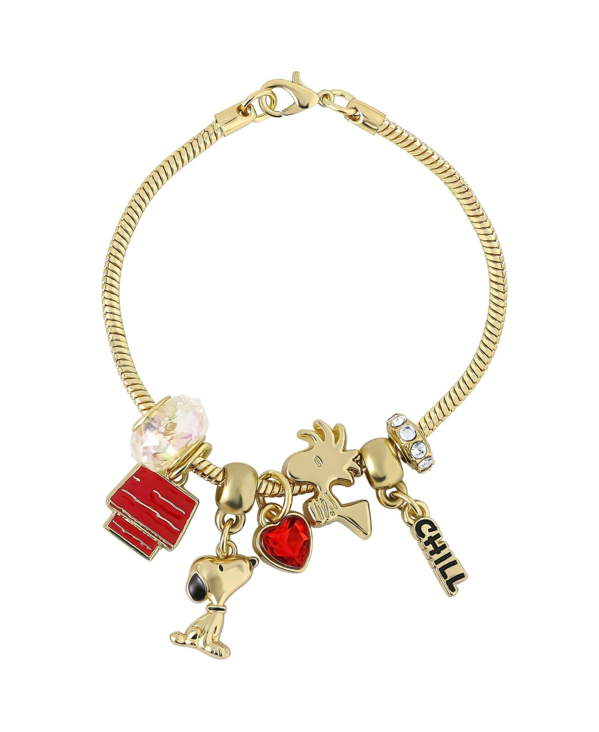 Peanuts Women's Snoopy and Woodstock Crystal Charm Bracelet, 7" - Gold tone