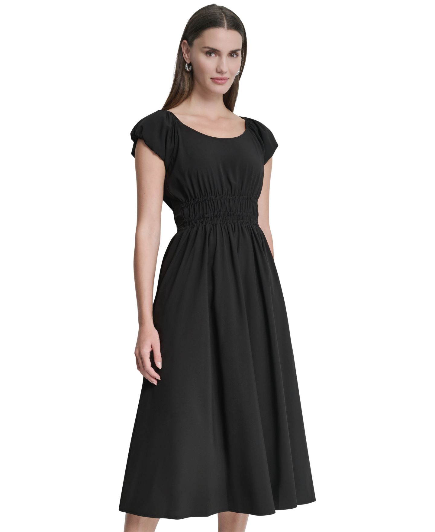 Женское платье DKNY Puff Sleeve Tiered Midi, цвет: Чёрный — фото 1