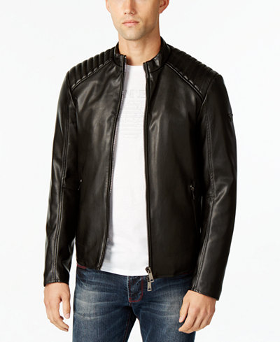 Armani Jeans Men's Eco Quilted Faux-Leather Bomber Jacket with Side Zip Pockets