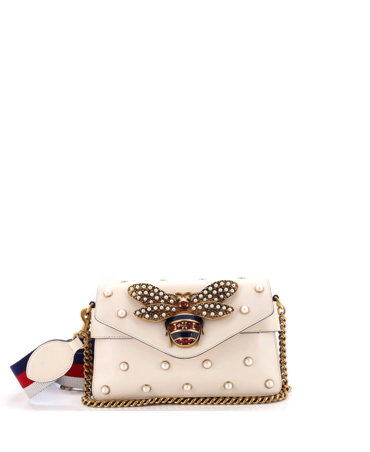 Pre-Owned Gucci Mini Broadway Pearly Bee Shoulder Bag Embellished Leather - Natural
