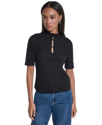 Women's Mock Neck Short-Sleeve Keyhole Blouse