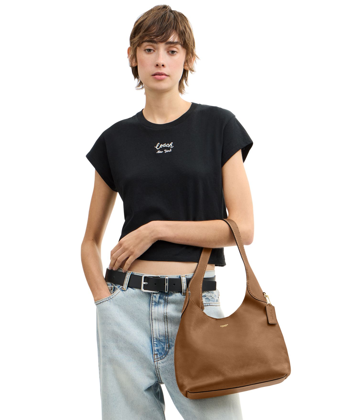 Женская сумка-хобо Coach Brooklyn 28 из кожи Loved, маленькая, цвет: Латунный / Медовый коричневый — фото 3