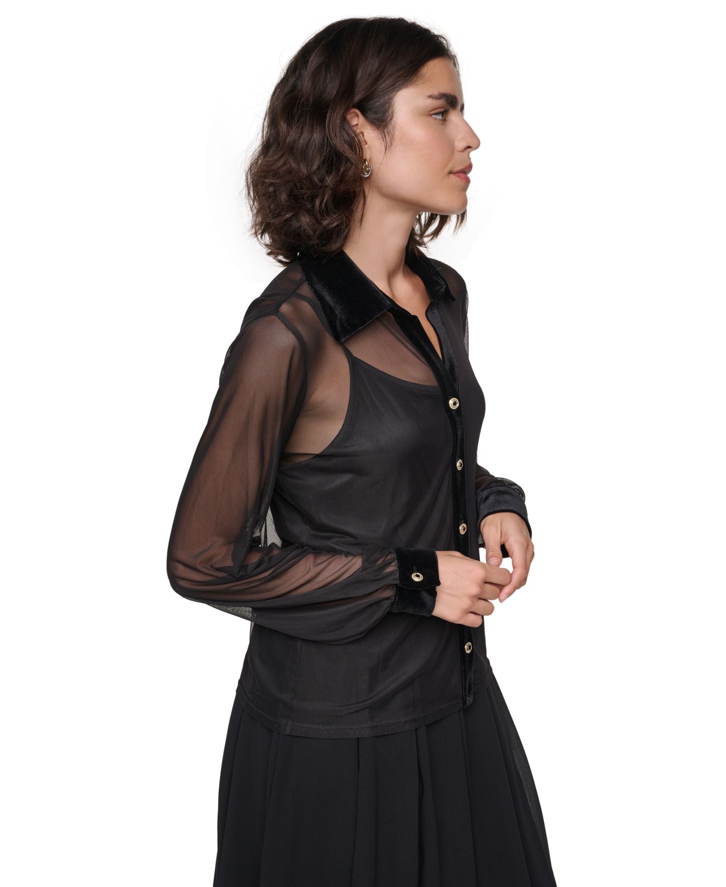Женская рубашка KARL LAGERFELD PARIS Mesh Sheer Long-Sleeve, цвет: Чёрный — фото 4