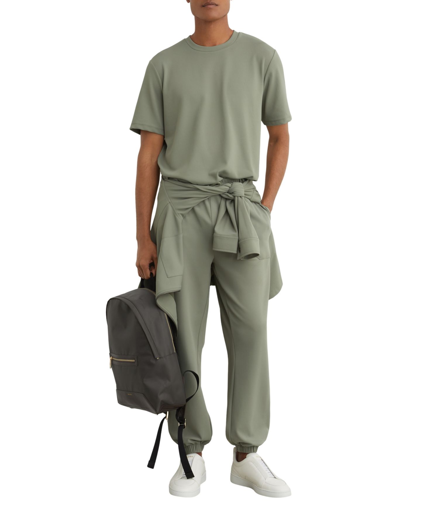 Мужская футболка REISS R-Flex Day Stretch-Twill Modern-Fit Crewneck, цвет: Шалфейный зелёный — фото 3