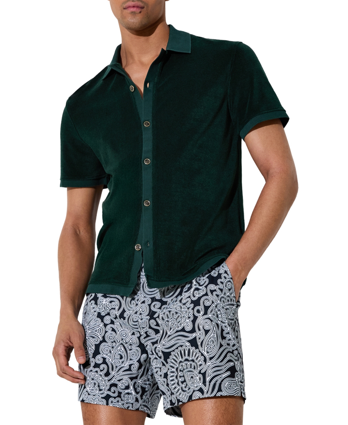 Reiss Men's Eden Towelling Short-Sleeve Cuban Collar Shirt