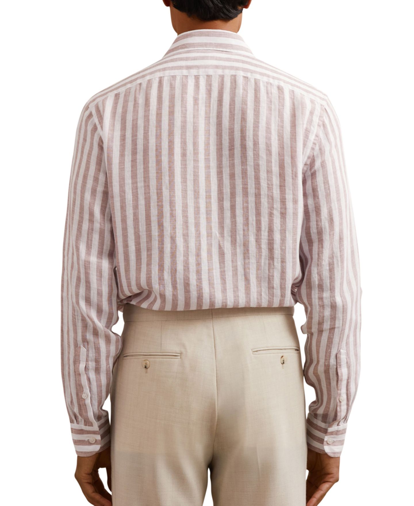 Мужская рубашка REISS Ruban Linen Stripe Long-Sleeve Regular-Fit, цвет: Розовый / Белый — фото 5