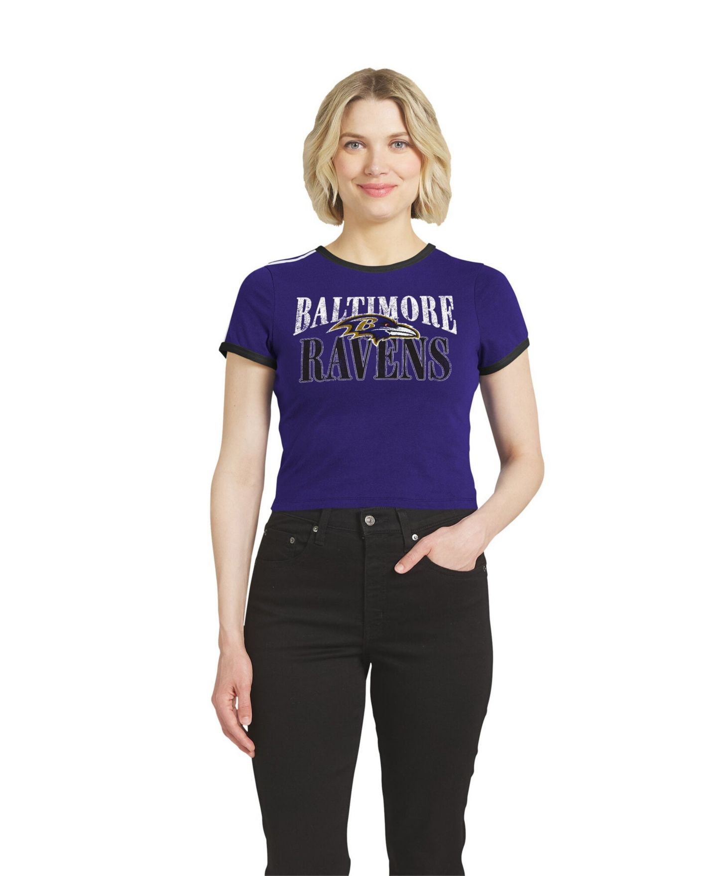 Женская футболка WEAR by Erin Andrews Purple Baltimore Ravens Cropped Throwback Ringer Baby T-Shirt — фото 1