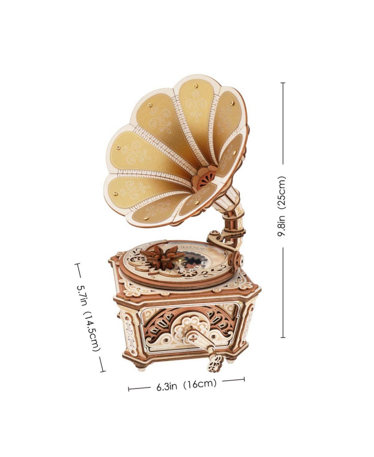 Детские конструкторы Robotime Vintage Gramophone 200-Piece 3D Wooden Puzzle Mechanical Music Box, Ages 14+ — фото 4