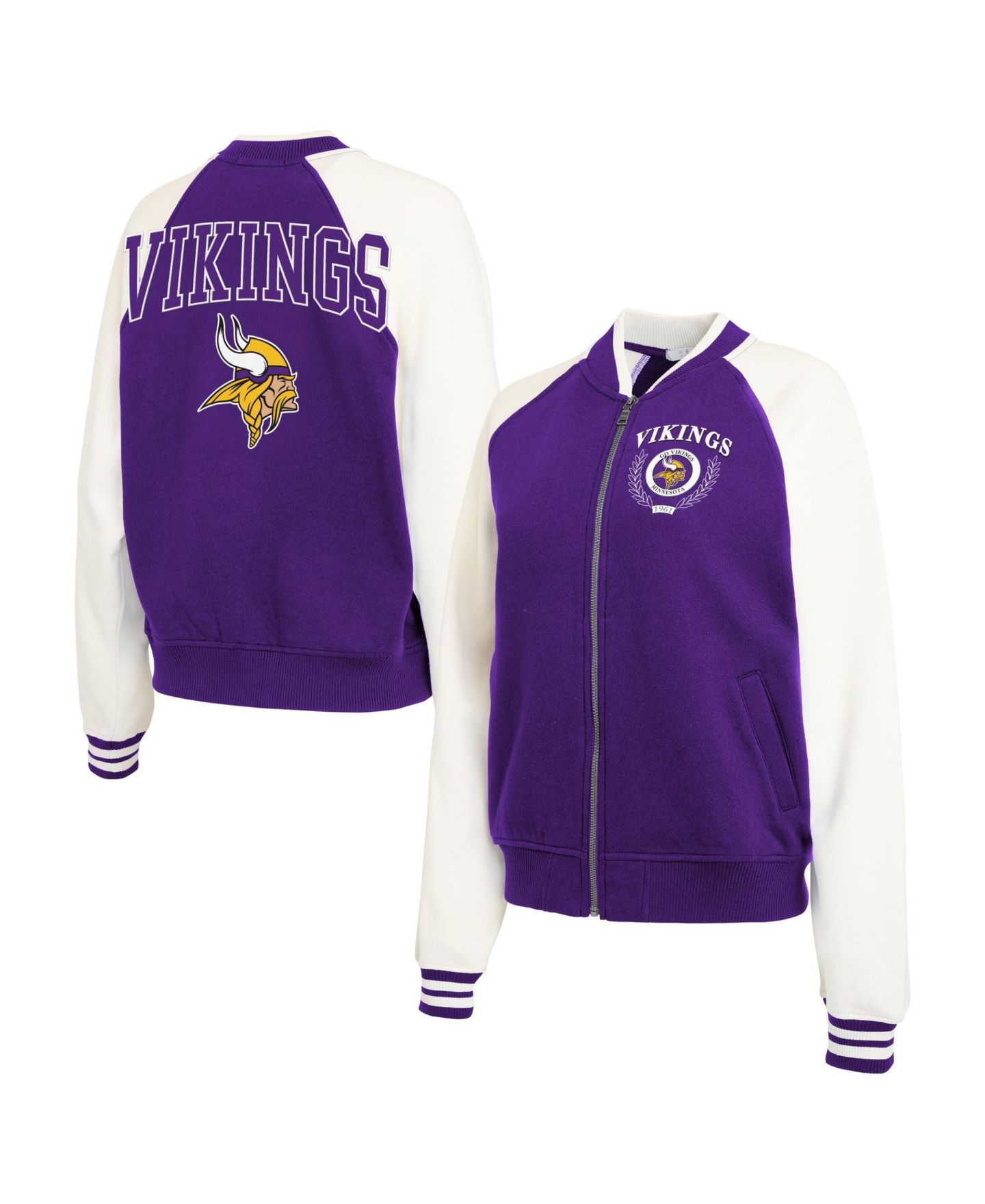 Женская куртка WEAR by Erin Andrews Purple Minnesota Vikings Throwback Varsity Fleece Raglan Full-Zip — фото 1