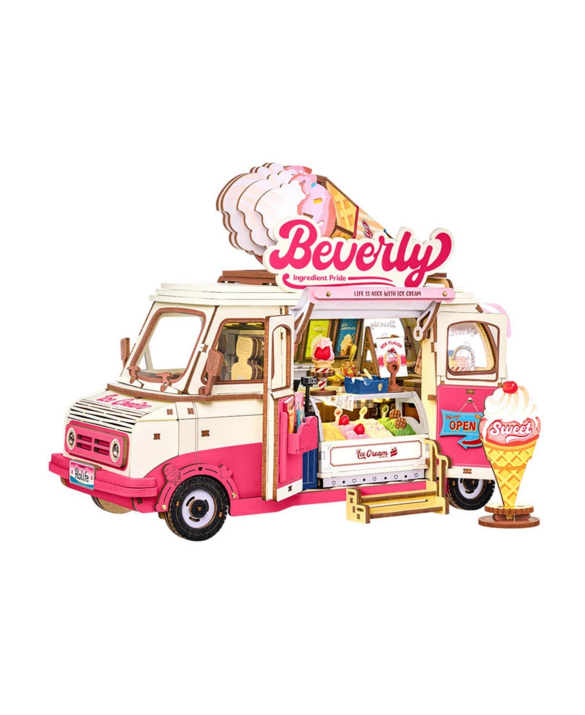Robotime Ice Cream Truck Beverly's 3D Wooden Puzzle Building Kit with Led Light, Ages 14+