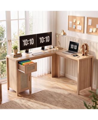 L Shaped Office Desk With Storage, Modern Home Computer Desk, Large Work Surface, Cable Management, Spacious Storage Shelves