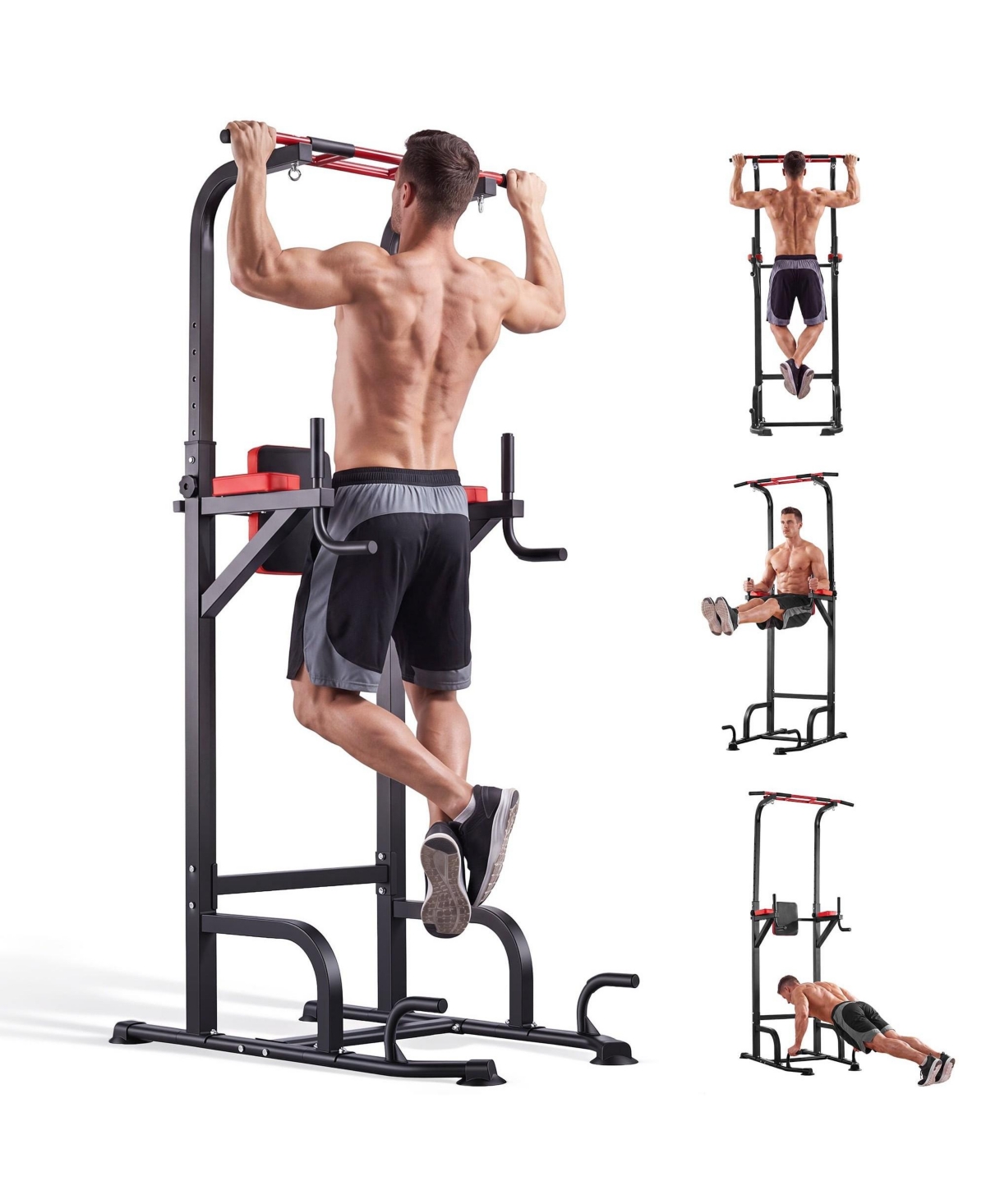 Hongge Adjustable Power Tower Pull Up Bar Station with 11 Height Levels Steel Frame and Resistance Ropes for Home Strength Training - Black + red