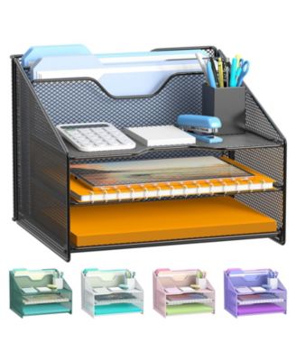 Mesh Desk File Organizer With 3 Trays 2 Vertical Sections For Office Supplies