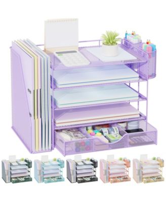 4 Tier Metal Desk Organizer With File Holder Sliding Drawer Pen Holders