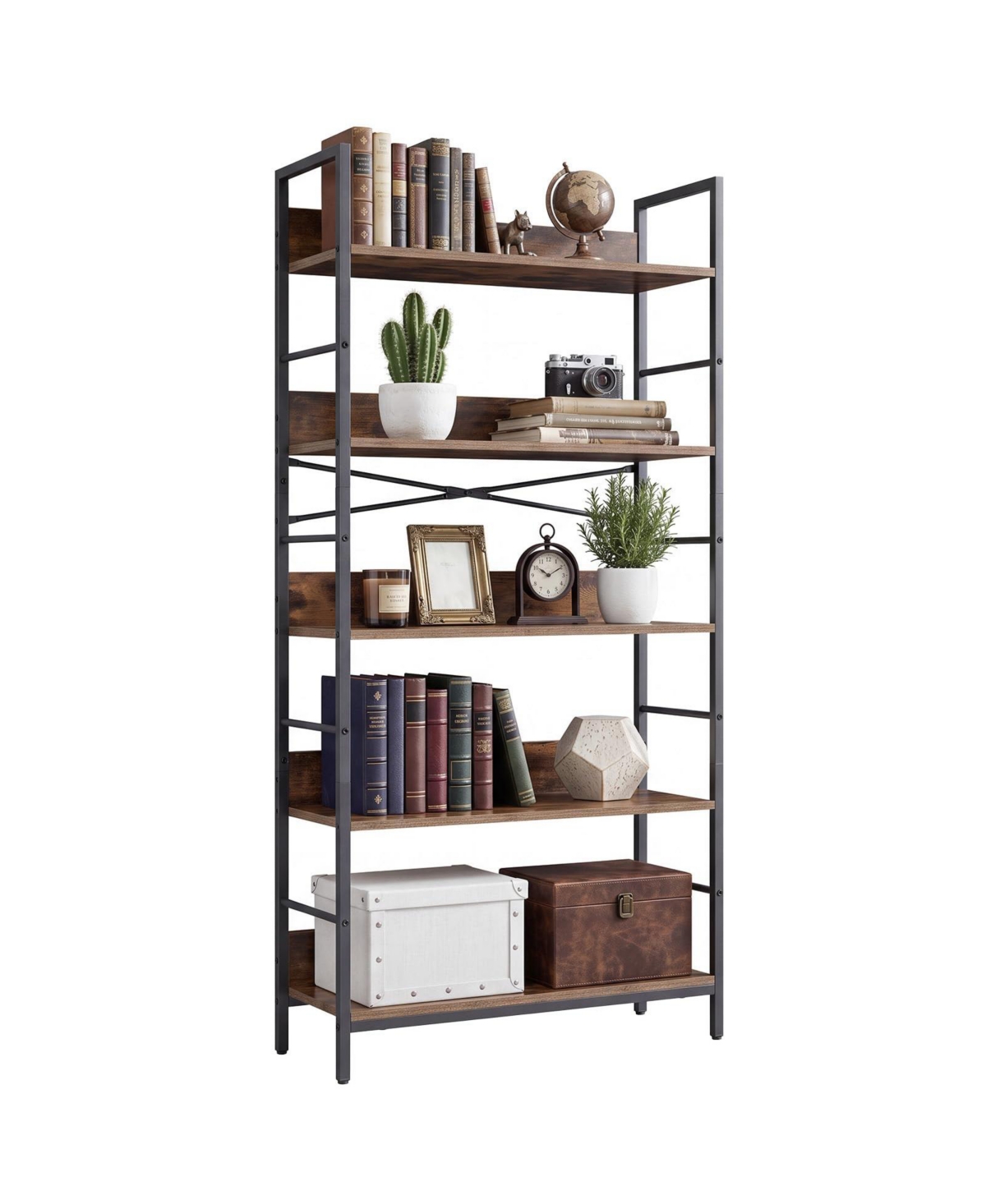 gaomon 5-Tier 60.6" H Industrial Bookshelf Tall Bookcase with Metal Frame and Vintage Wood Shelves - Brown