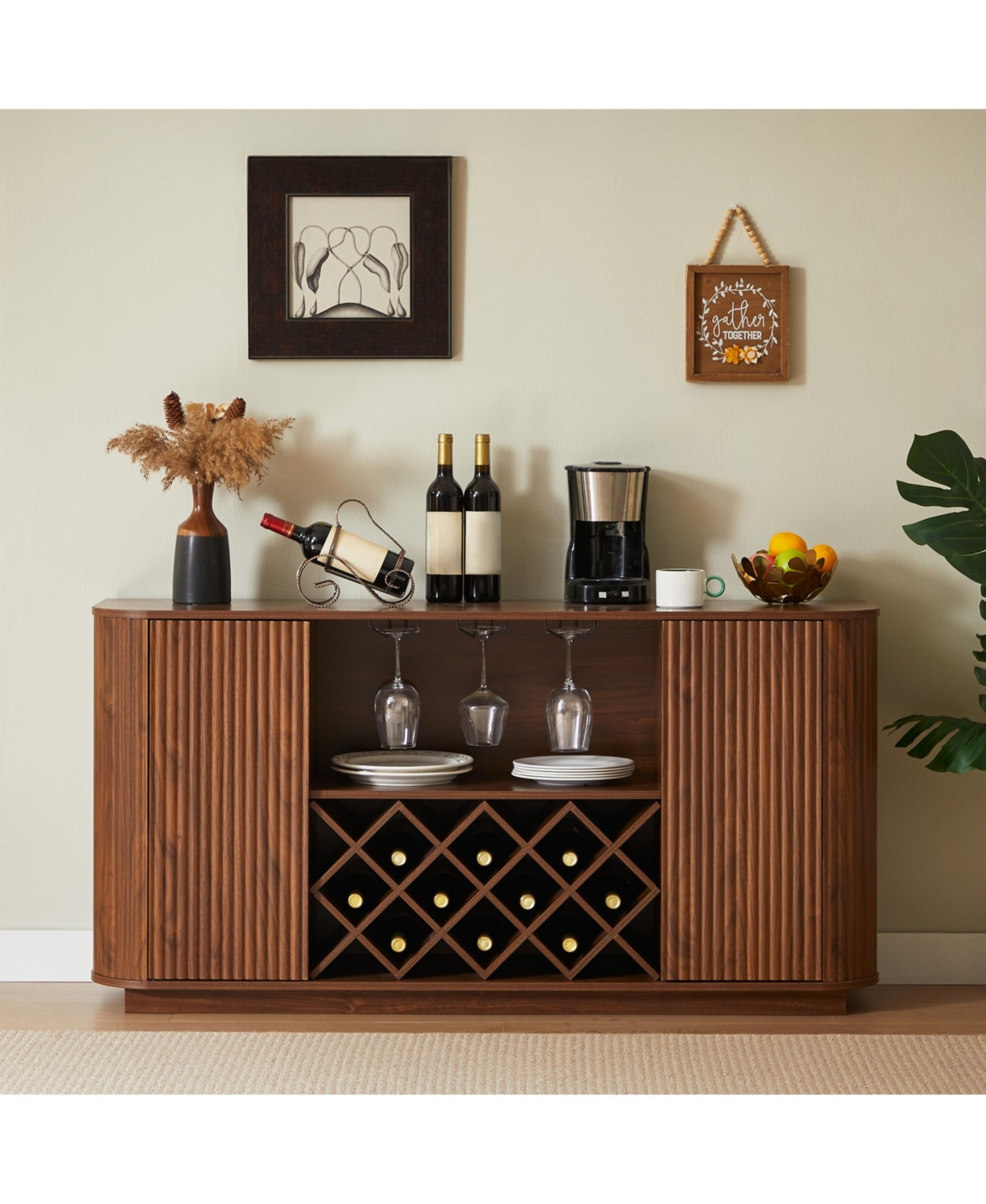 Boyel Living Modern Wine Cabinet Coffee Bar Cabinet with Wine Rack and Drawers - Walnut