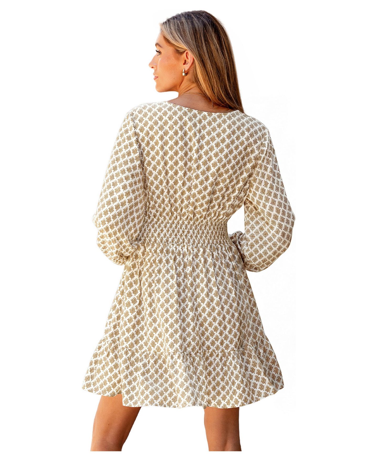 Женское платье Cupshe Darling V-Neck Long-Sleeve A-Line Mini, цвет: Бежевый / Хаки — фото 2