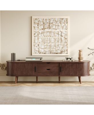 70.8 Inch Mid-Century TV Stand with Tambour Doors, Rattan Drawers and Built-In Power Outlet
