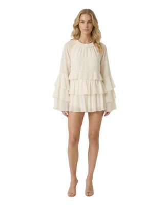 Women's Long-Sleeve Bell-Sleeve Blouse and Tiered Mini Skirt, 2-Piece Set