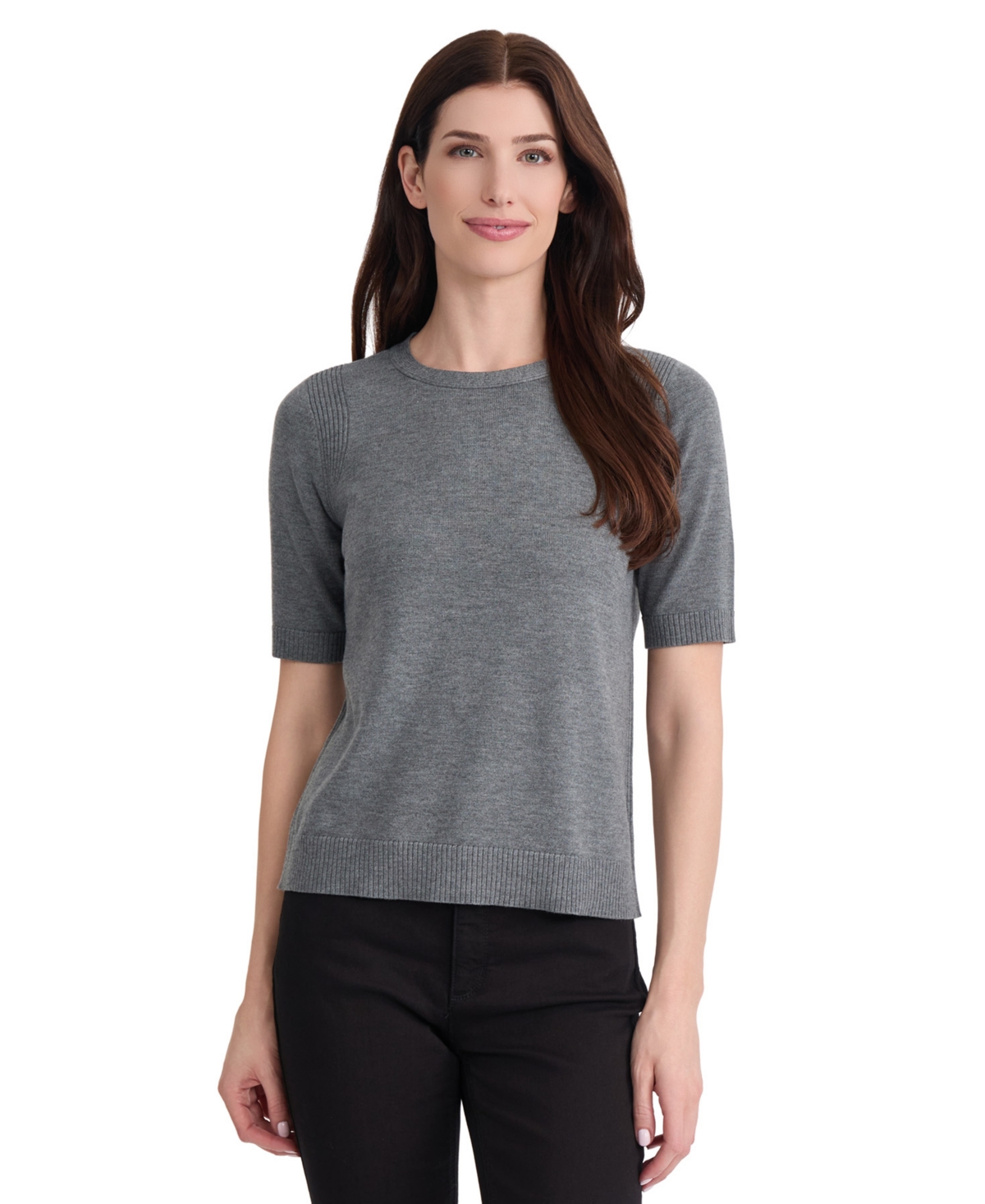 Jones New York Women's Short-Sleeve Crewneck Accent Ribs Tee - Medium Heather