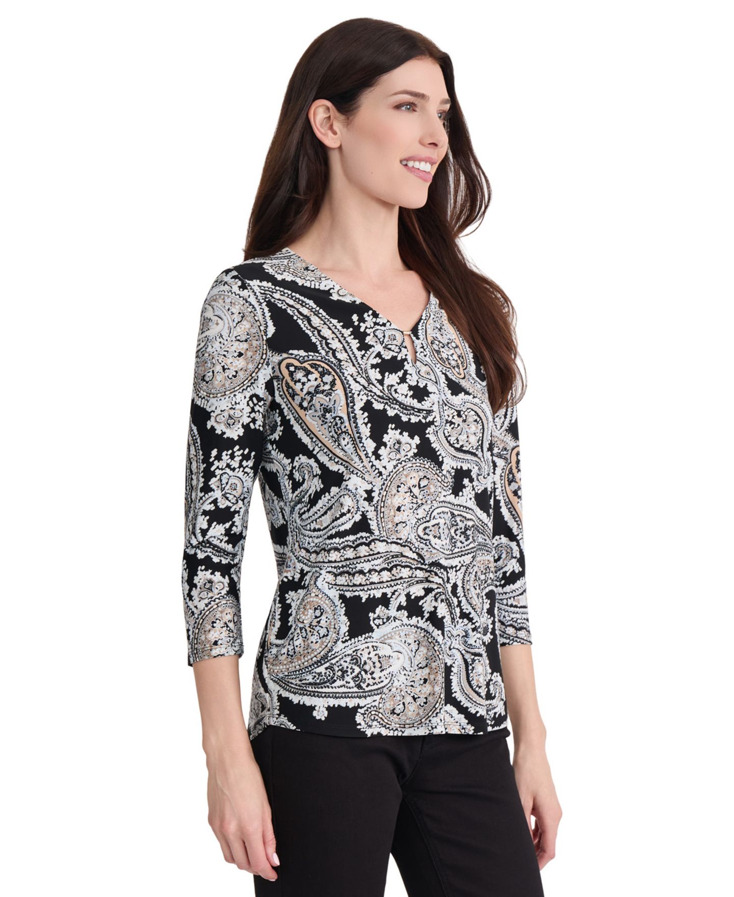 Женская блузка Jones New York 3/4 Sleeve Paisley-Print Keyhole, цвет: Чёрный разноцветный — фото 2