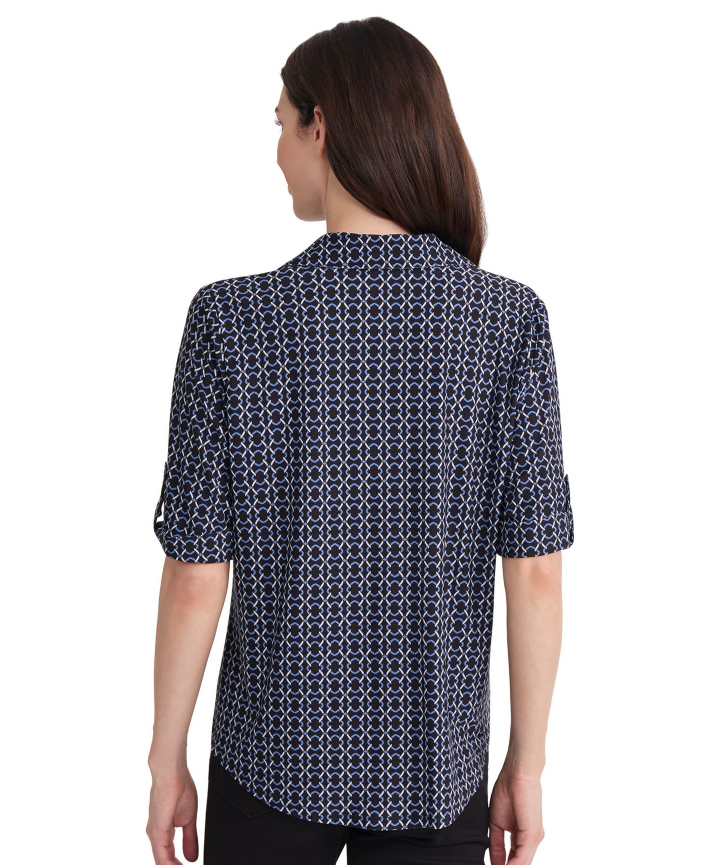 Женское поло Jones New York Elbow Roll Cuff Geometric Polo, цвет: Угольно-чёрный / Синий — фото 4