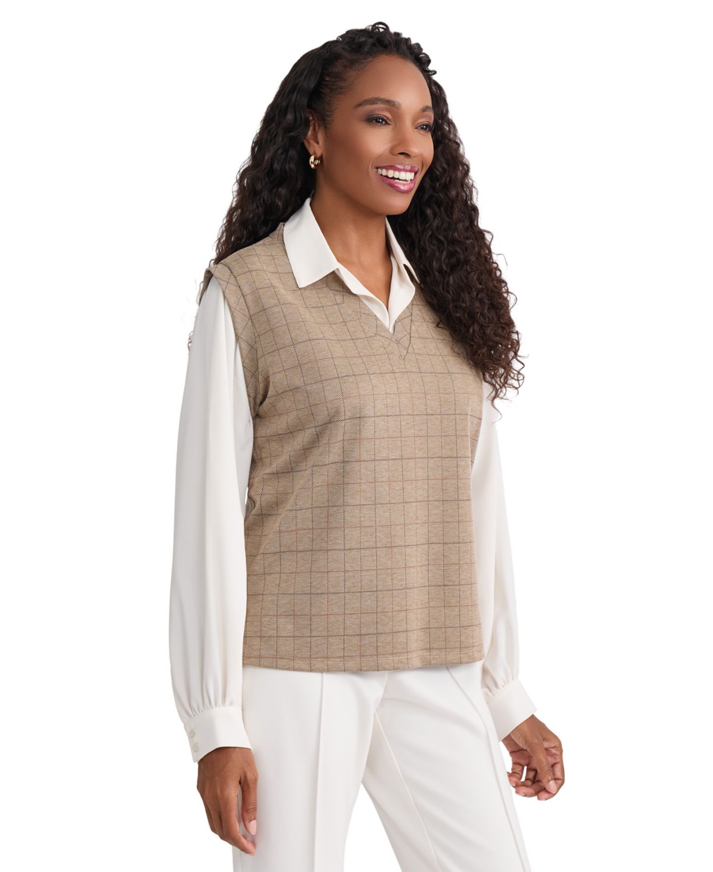 Женская блузка Jones New York Long-Sleeve Drop-Shoulder Twofer Plaid Puff-Sleeve, цвет: Натуральный белый — фото 2