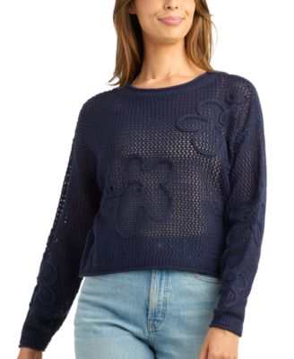 Juniors' Resort Crochet Long-Sleeve Loose-Fit Sweater
