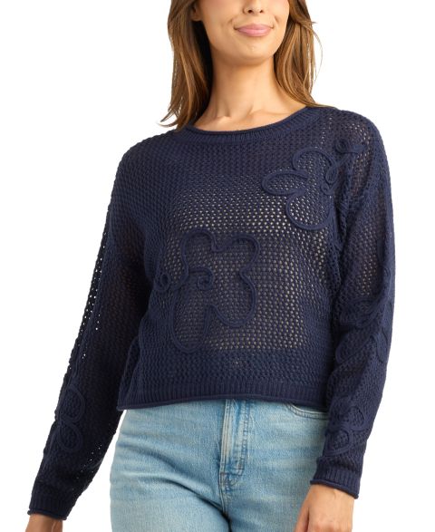 Женский свитер BCX Juniors' Resort Crochet Long-Sleeve Loose-Fit, цвет: Тёмно-синий
