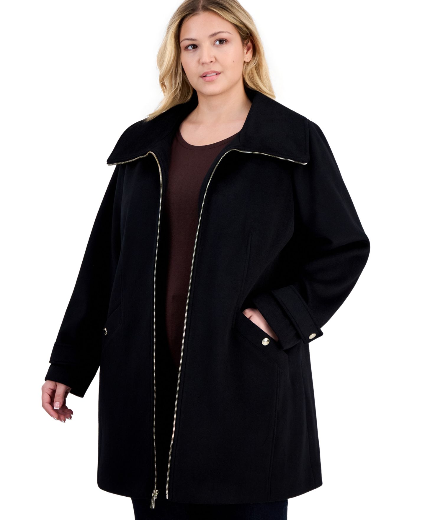 Женское пальто Michael Kors Plus Size Collared Zip-Front, цвет: Чёрный — фото 1