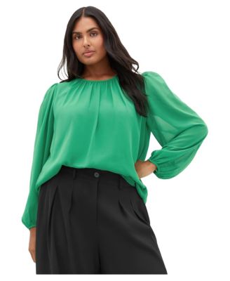 Plus Size Kelly Sheer-Sleeve Crewneck Blouse