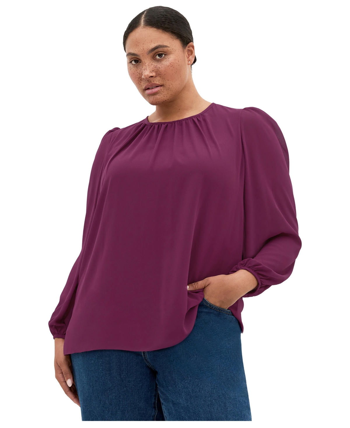 City Chic Plus Kelly Sheer-Sleeve Crewneck Blouse