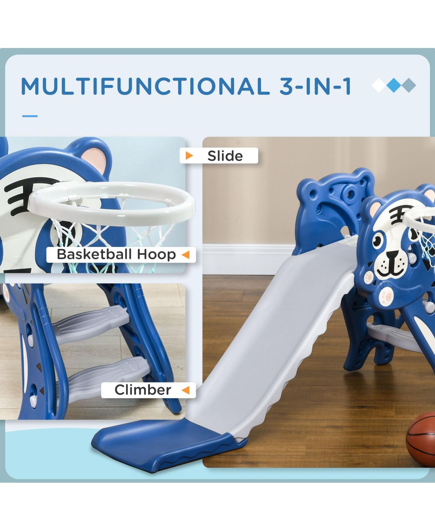 Детская игрушка SEVORLEY Activity Slide with Climbing and Sliding, Non-Slip Steps & Basketball Hoop, Ages 18-36 Months, цвет: Синий — фото 5