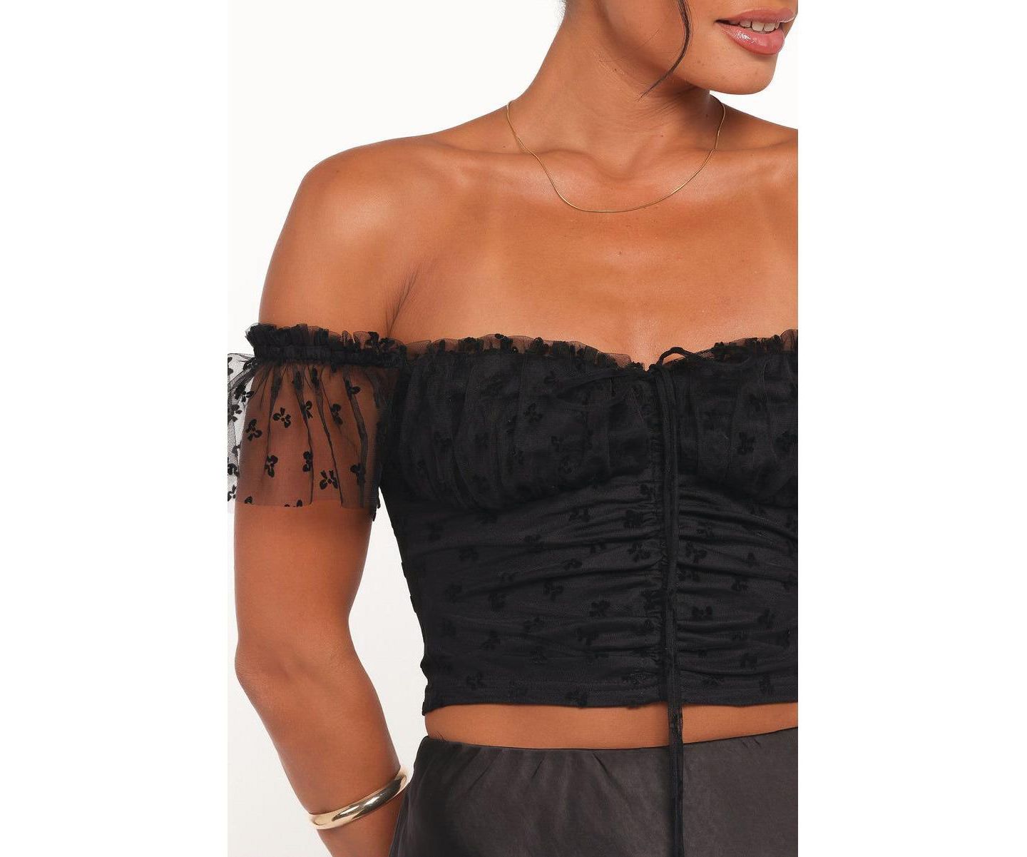 Женский топ Petal and Pup Aster Off-the-Shoulder Mesh Short-Sleeve, цвет: Чёрный — фото 4