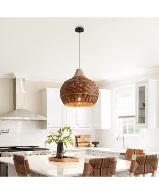 18.9" Farmhouse Caged Handwoven Rattan Pendant Light