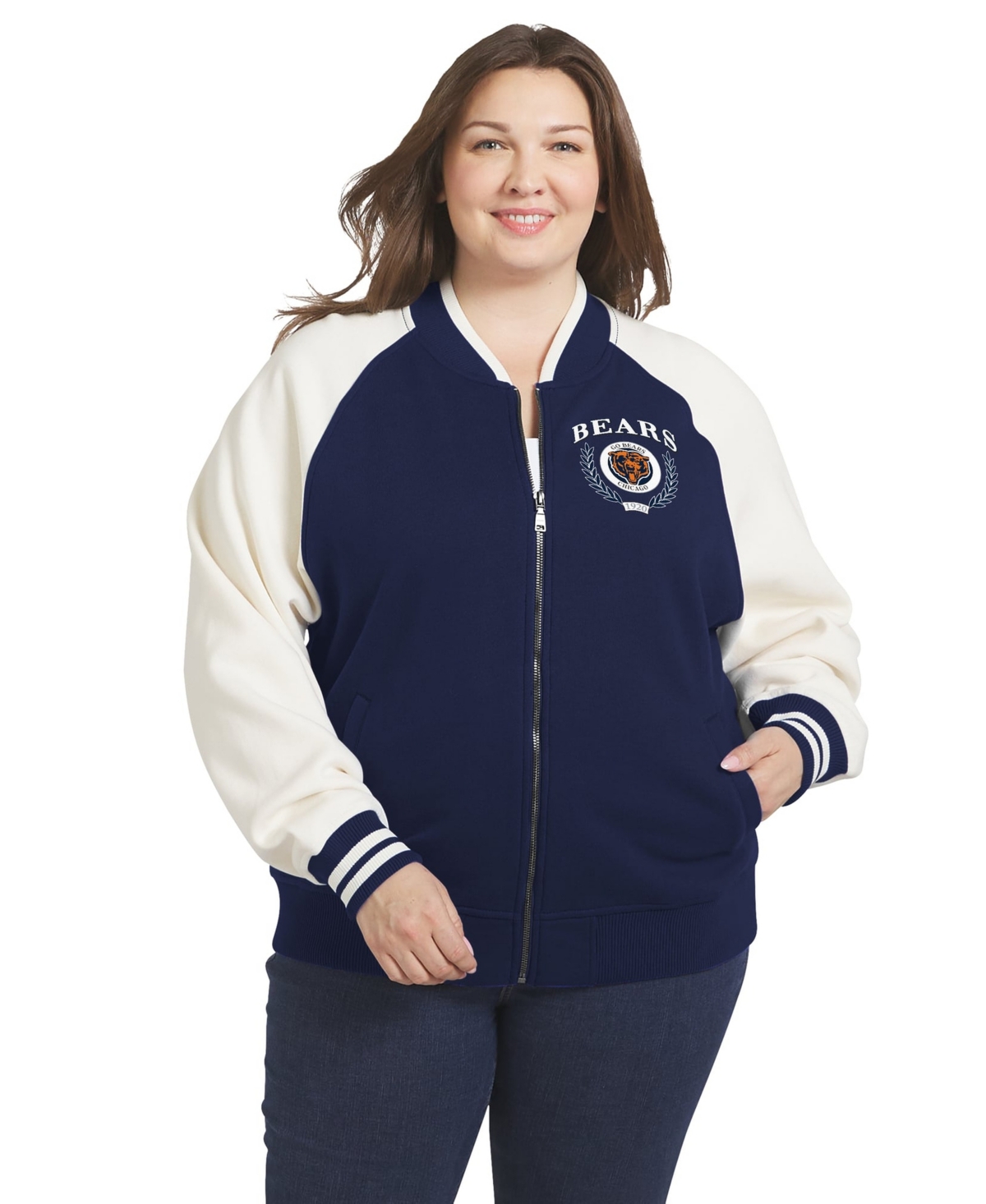 Women's WEAR by Erin Andrews Navy/White Chicago Bears Throwback Plus Size Fleece Varsity Full-Zip Jacket