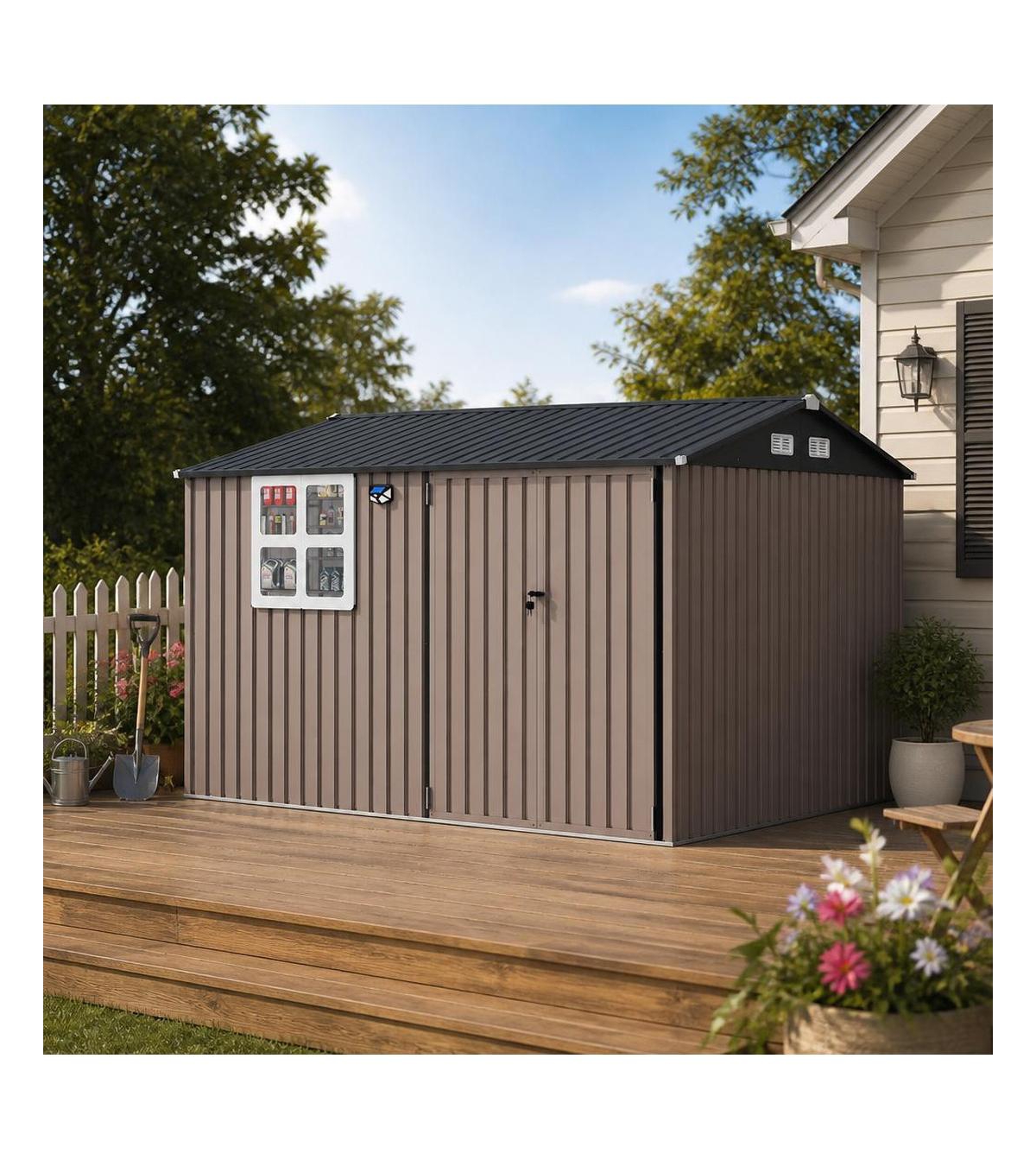 homfan 10 x 8 Ft Galvanized Metal Outdoor Storage Shed with Lockable Double Doors, Window and Solar Led Light, Weatherproof Utility Shed
