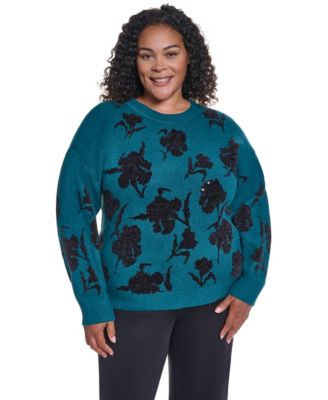 Plus Size Long-Sleeve Floral-Print Sweater