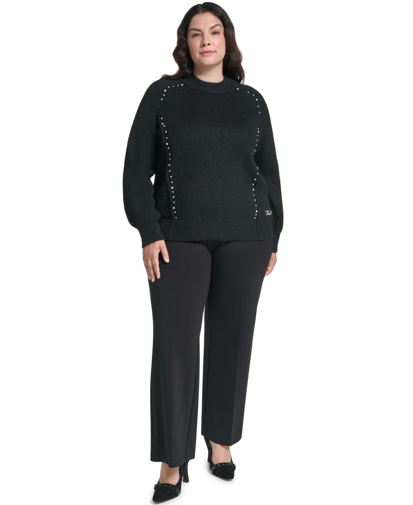 Женский свитер KARL LAGERFELD PARIS Plus Size Mock Neck Rhinestone Pullover, цвет: Красный — фото 9