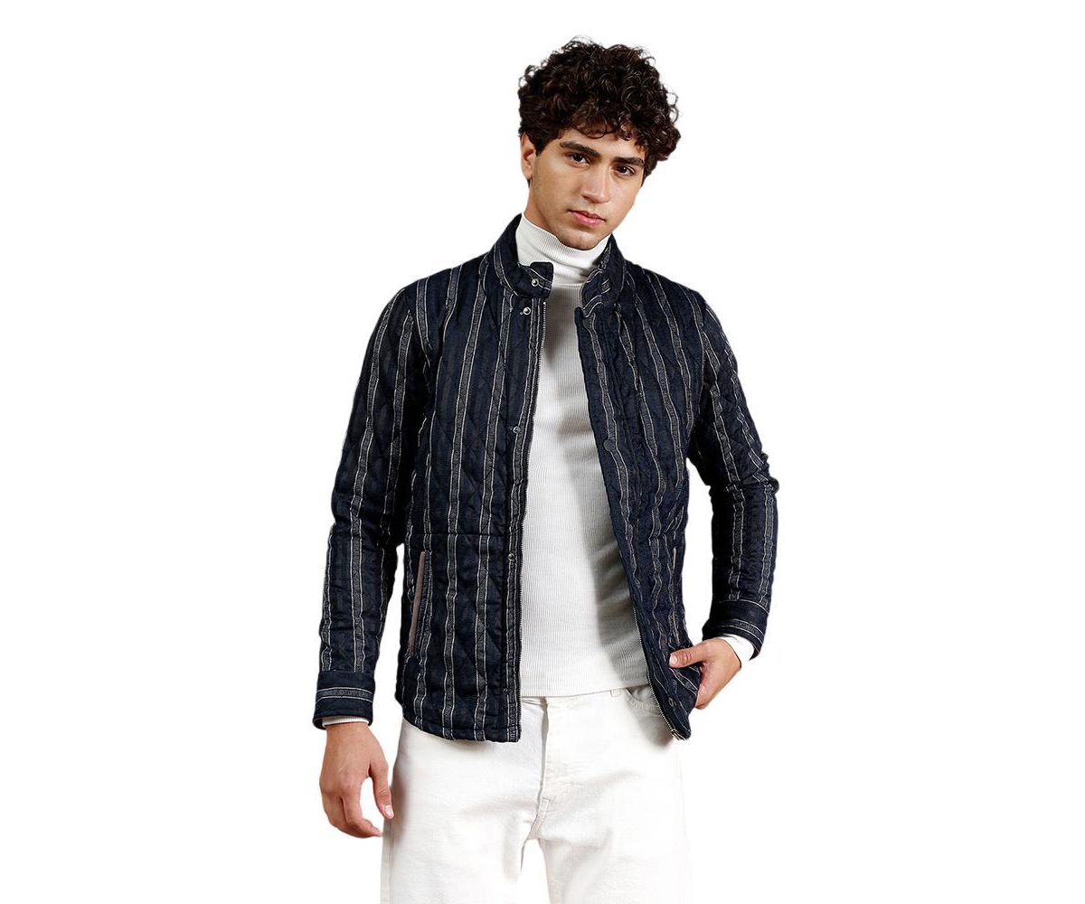 Cahoot Men's Regular Fit Stand Collar Long Sleeve Striped Jacket - Navy blue.