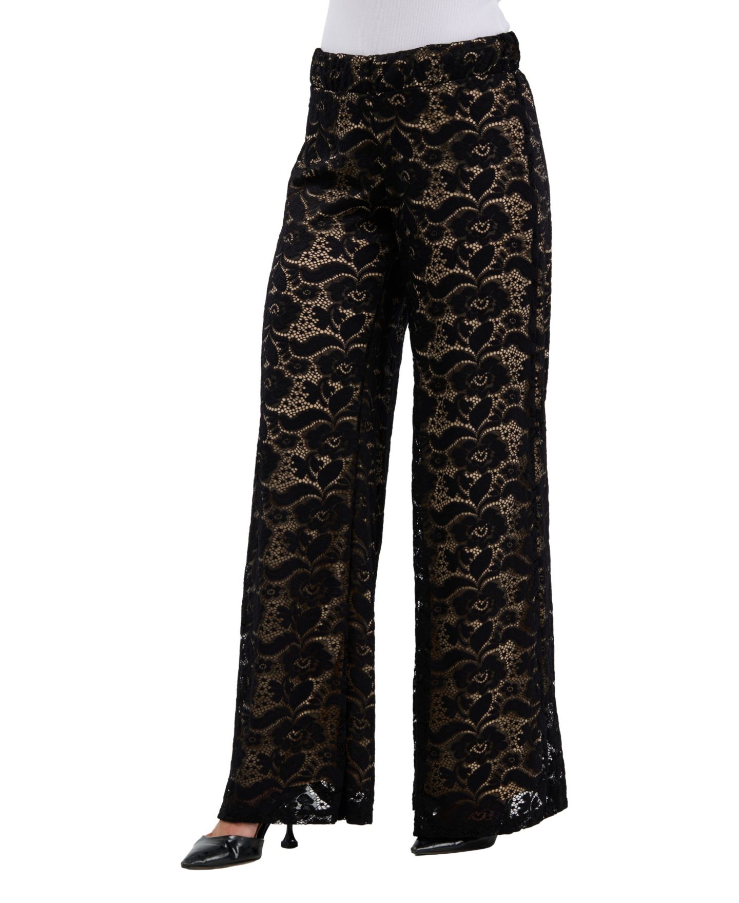Женские брюки 24seven Comfort Apparel Wide-Leg Floral-Print Lace, цвет: Чёрный — фото 3