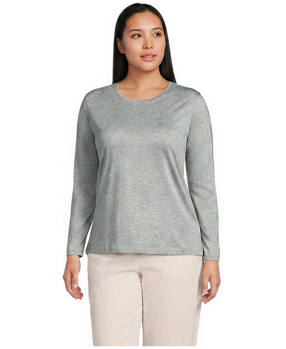 Lands' End Plus Size Relaxed Supima Cotton Long Sleeve Crew Neck T-Shirt - Gray heather