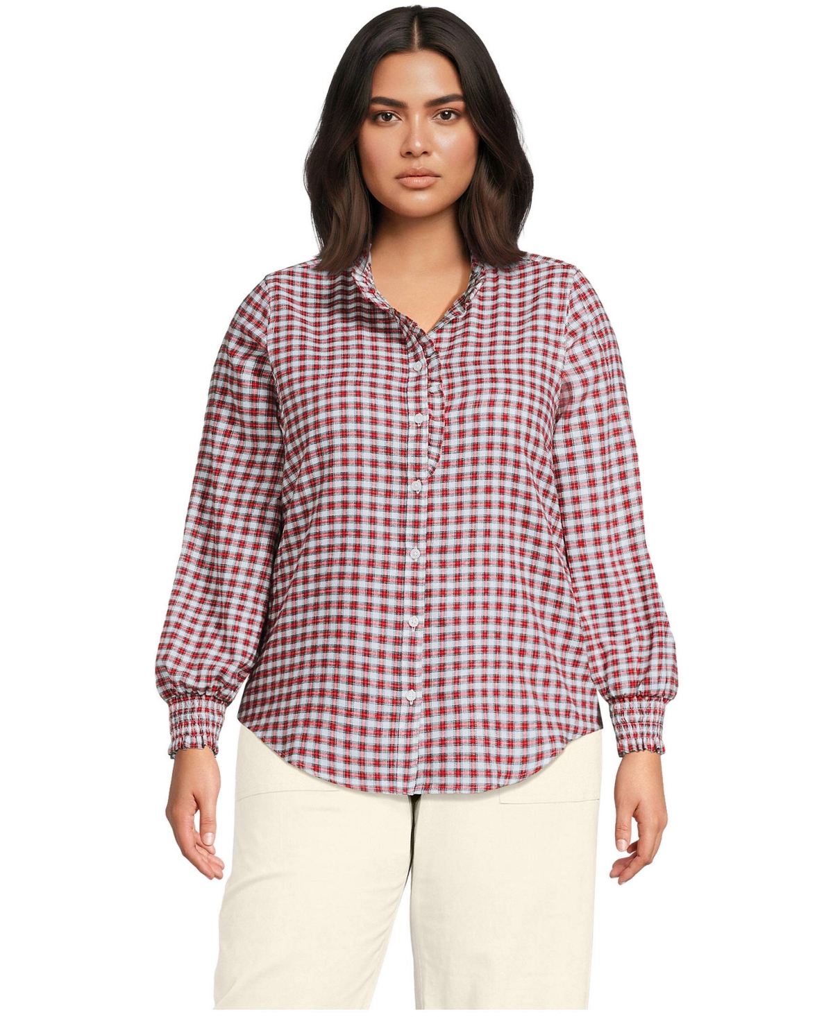 Lands' End Plus Size Flannel Ruffle Button Front Top - Compass red holiday mini plaid