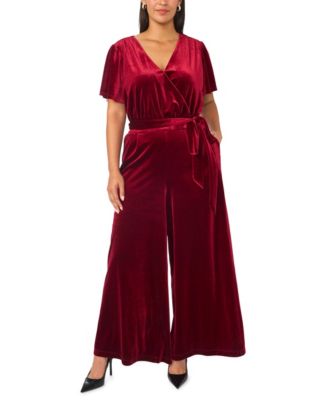 Plus Size Flutter Sleeve Surplice Velvet Wide-Leg Jumpsuit