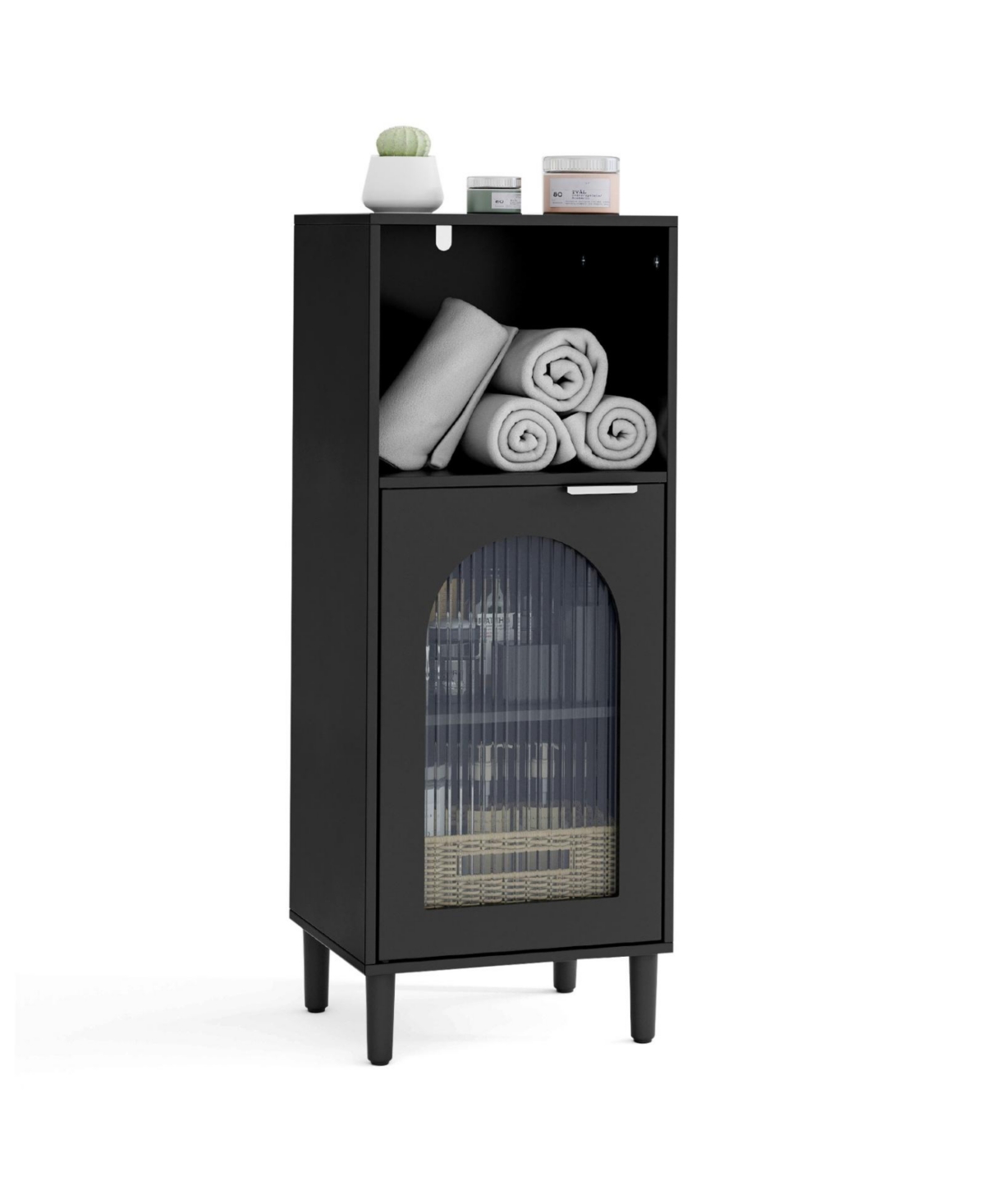 Sugift Wood Bathroom Floor Storage Cabinet with Adjustable Shelf - Black